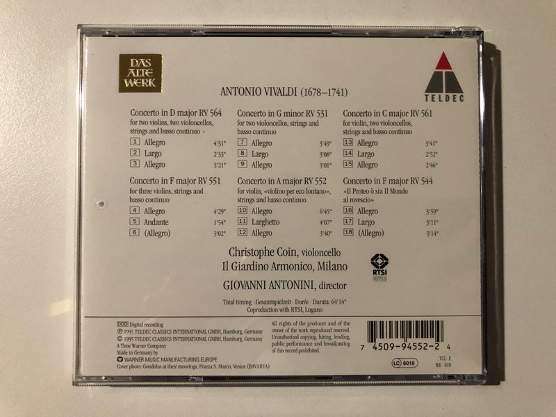 Vivaldi: "Il Proteo" - Double And Triple Concertos / Christophe Coin (violoncello), Il Giardino Armonico / Das Alte Werk / Teldec Audio CD 1995 / 4509-94552-2