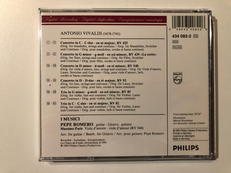 Vivaldi: Guitar Concertos -I Musici, Pepe Romero, Massimo Paris / Philips Digital Classics / Philips Audio CD 1992 / 434 082-2
