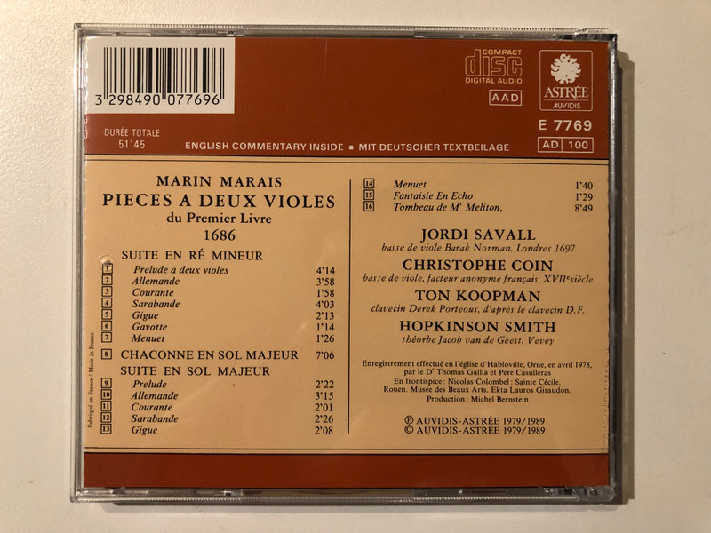 Marin Marais: Pièces A Deux Violes Du Premier Livre 1686 - Jordi Savall, Christophe Coin, Ton Koopman, Hopkinson Smith / Astrée Auvidis Audio CD 1989 / E 7769