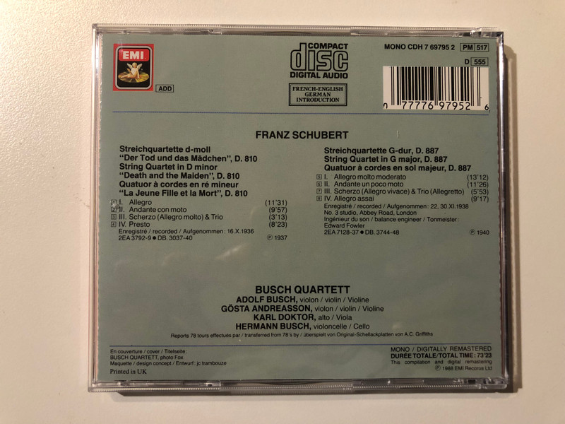 Schubert - String Quartet in D minor "Death and the Maiden", D. 810; String Quartet in G major, D. 887 - Busch Quartett / EMI Audio CD 1988 Mono / CDH 7 69795 2