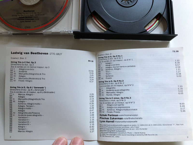 Beethoven: String Trios Opp. 3, 8 & 9 - Itzhak Perlman, Pinchas Zukerman, Lynn Harrell / EMI Classics 2x Audio CD, Stereo 1992 / 077775419825