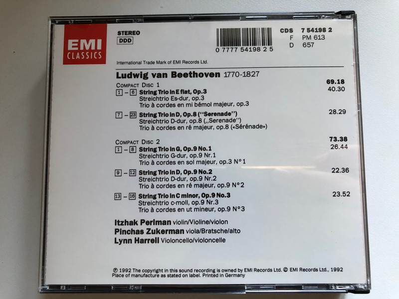 Beethoven: String Trios Opp. 3, 8 & 9 - Itzhak Perlman, Pinchas Zukerman, Lynn Harrell / EMI Classics 2x Audio CD, Stereo 1992 / 077775419825