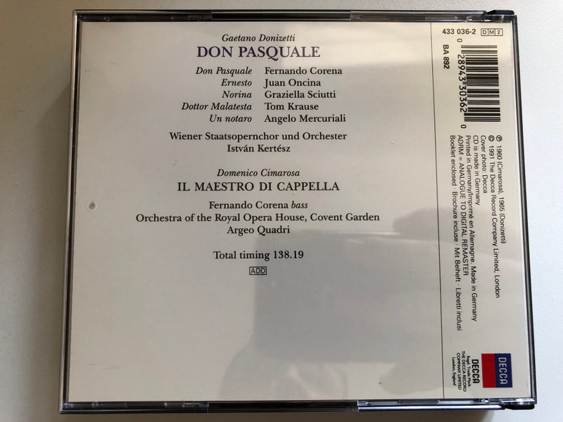 Donizetti - Don Pasquale; Cimarosa: Il Maestro Di Cappella / Corena, Sciutti, Krause, Oncina, Wiener Staatsopernchor Und Orchester, István Kertész / Grand Opera / Decca 2x Audio CD 1991 / 433 036-2