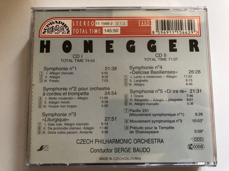 Honegger: Symphonies - Czech Philharmonic Orchestra, Serge Baudo / Supraphon 2x Audio CD, Stereo / SU 11 1566-2