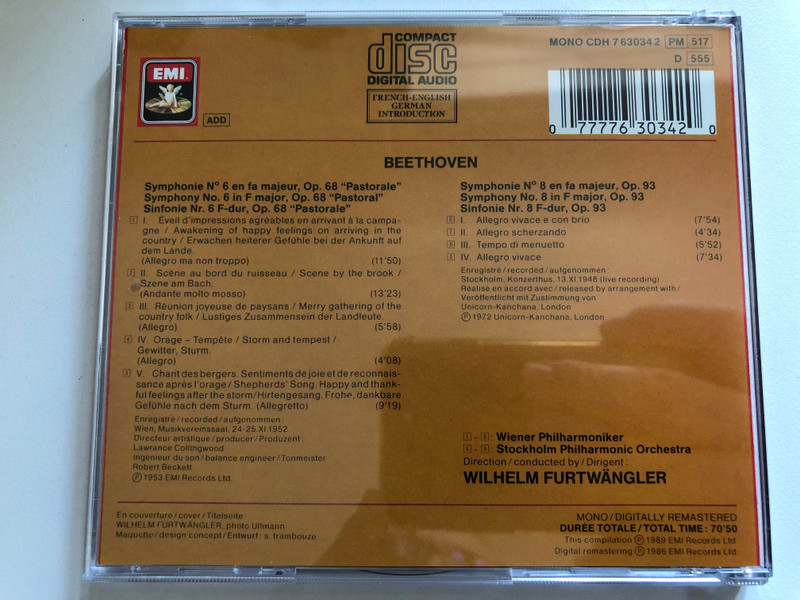 Beethoven: Sinfonien/Symphonies Nos 6 & 8 - Wiener Philharmoniker, Stockholm Philharmonic Orchestra, Wilhelm Furtwängler / Références / EMI Audio CD Mono 1989 / CDH 7 63034 2