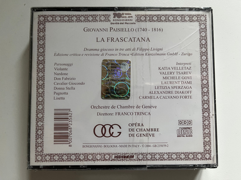 Paisiello: La Frascatana - Velletaz, Sperzaga, Calvano Forte, Tsarev, Dami, Diakoff, Govi, Orchestre De Chambre De Genève, Franco Trinca / Bongiovanni 2x Audio CD 2004 / GB 2358/59-2