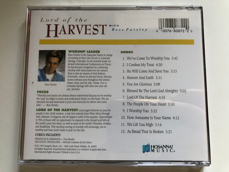 Lord of the Harvest with Ross Parsley 1995 / Praise & Worship CD Hosanna!Music / 08722 (000768087220)