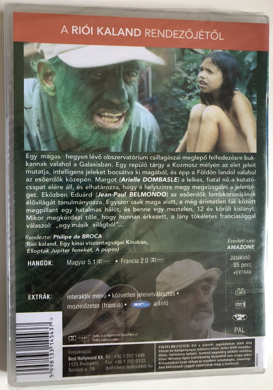 Amazone – Amazon Az Esoerdo Lanya  Region 2 PAL DVD  Audio French, Hungarian  Starring Jean-Paul Belmondo, Arielle Dombasle, Patrick Bouchitey, Thylda Barès, André Penvern  Director Philippe de Broca  85’ Running Time (5998133145437)