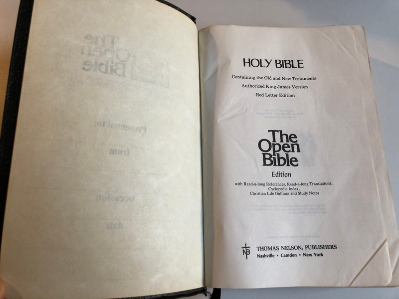 The Open Bible Edition - HOLY BIBLE KJV  Containing the Old and New Testaments  Authorized King James Version  Red Letter Edition with Index  THOMAS NELSON, PUBLISHERS 1975  Leather Black Cover