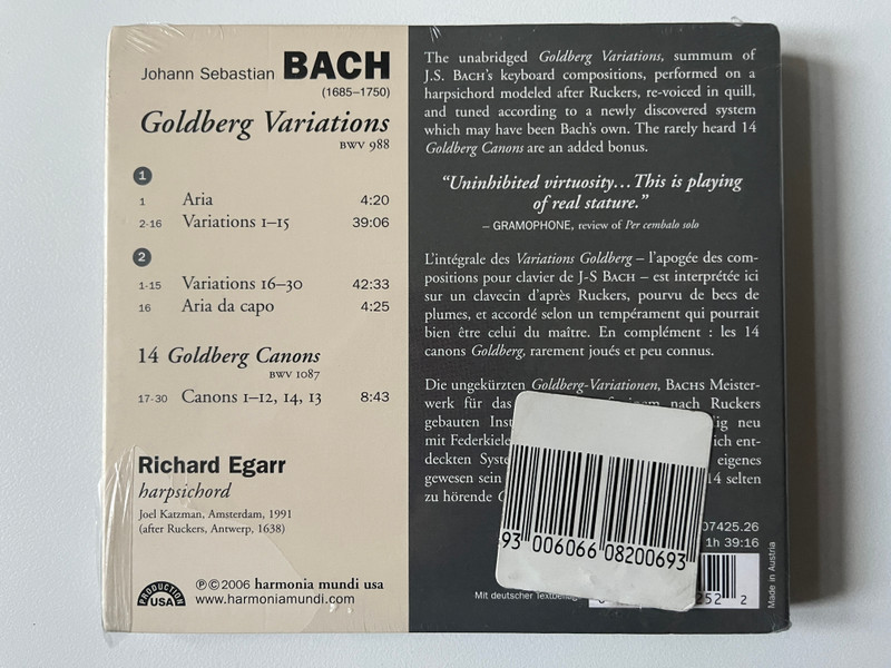 Bach: Goldberg Variations, 14 Canons - Richard Egarr (harpsichord) / Harmonia Mundi USA 2x Audio CD 2006 / HMU 907425.26