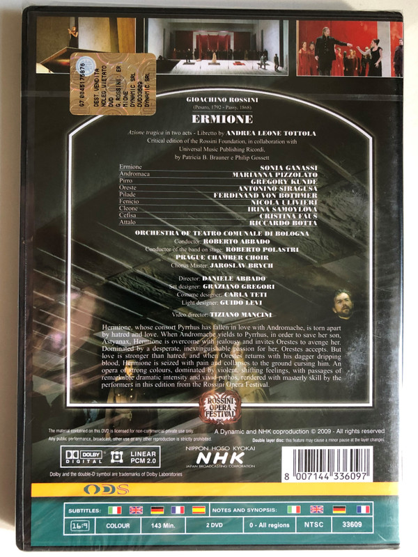 Ermione 2 DVD Set / Azione tragica in two acts / Libretto by ANDREA LEONE TOTTOLA / ORCHESTRA OF MUNICIPAL THEATER OF BOLOGNA Conductor: ROBERTO ABBADO / PRAGUE CHAMBER CHOIR Chorus Master: JAROSLAV BRYCH / DVD (8007144336097)