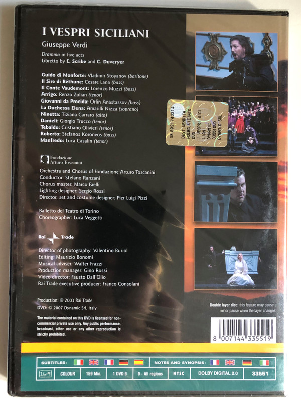 Giuseppe Verdi: I Vespri Sicilliani (SICILIAN VESPERS) / Drama in five acts / Libretto by E. Scribe and C. Duveryer / Orchestra and Chorus of Fondazione Arturo Toscanini Conductor: Stefano Ranzani / DVD (8007144335519)