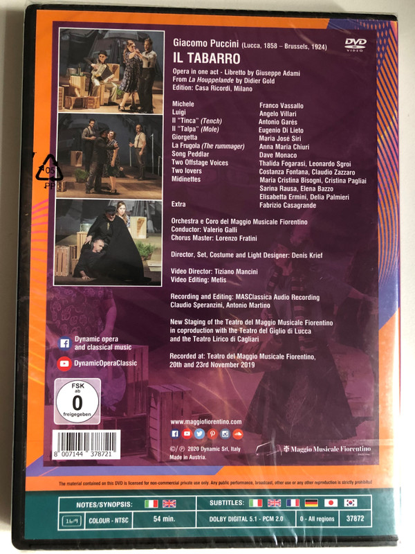 Puccini: Il Tabarro / Opera in one act - Libretto by Giuseppe Adami / From La Houppelande by Didier Gold / Orchestra and Chorus of the Maggio Musicale Fiorentino Conductor: Valerio Galli Chorus Master: Lorenzo Fratini / DVD (8007144378721)
