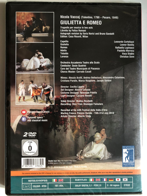 Vaccaj: Giulietta e Romeo 2 DVD Set / Tragedy for music in two acts Libretto by Felice Romani / La Scala Theater Academy Orchestra Conductor: Sesto Quatrini / Chorus of the Municipal Theater of Piacenza Chorus Master: Corrado Casati / DVD (8007144378325)