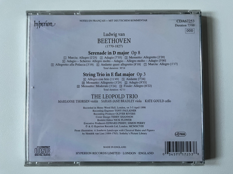 Beethoven: String Trio, Op 3; Serenade, Op 8 - The Leopold Trio / Hyperion Audio CD 1998 / CDA67253