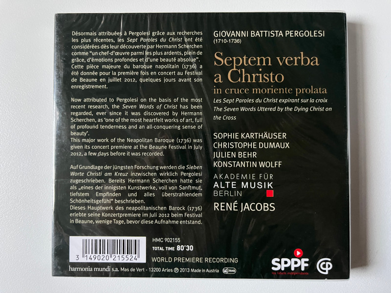 Giovanni Battista Pergolesi: Septem Verba A Christo - Sophie Karthäuser, Christophe Dumaux, Julien Behr, Konstantin Wolff, Akademie Für Alte Musik Berlin, René Jacobs, Akademie Für Alte Musik Berlin / Harmonia Mundi Audio CD 2013 / HMC 902155