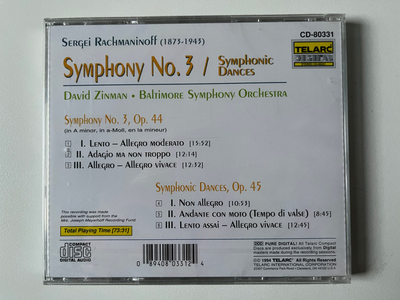 Rachmaninoff: Symphony No. 3; Symphonic Dances - David Zinman, Baltimore Symphony Orchestra / Telarc Audio CD 1994 / CD-80331 Rachmaninoff: Symphony No. 3; Symphonic Dances - David Zinman, Baltimore Symphony Orchestra / Telarc Audio CD 1994 / CD-80331