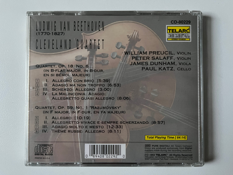 Beethoven - String Quartets Op. 18, No. 6 in B-flat Major; Op. 59, No. 1 in F Major "Razumovsky" - Cleveland Quartet / Telarc Audio CD 1993 / CD-80229