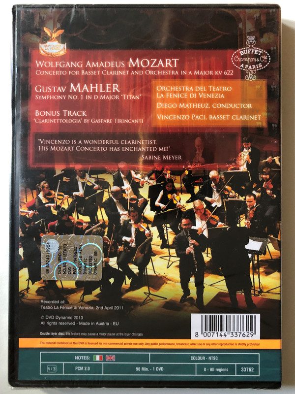 Mozart; Mahler: Concerto For Basset Clarinet and Orchestra; Symphony No. 1 In D Major 'Titan' / BUFFET Crampon&Cie IN PARIS / Recorded at: La Fenice Theater in Venice, 2nd April 2011 / BONUS TRACK "CLARINETTOLOGY" BY GASPARE TIRINCANTI" / DVD (8007144337629)
