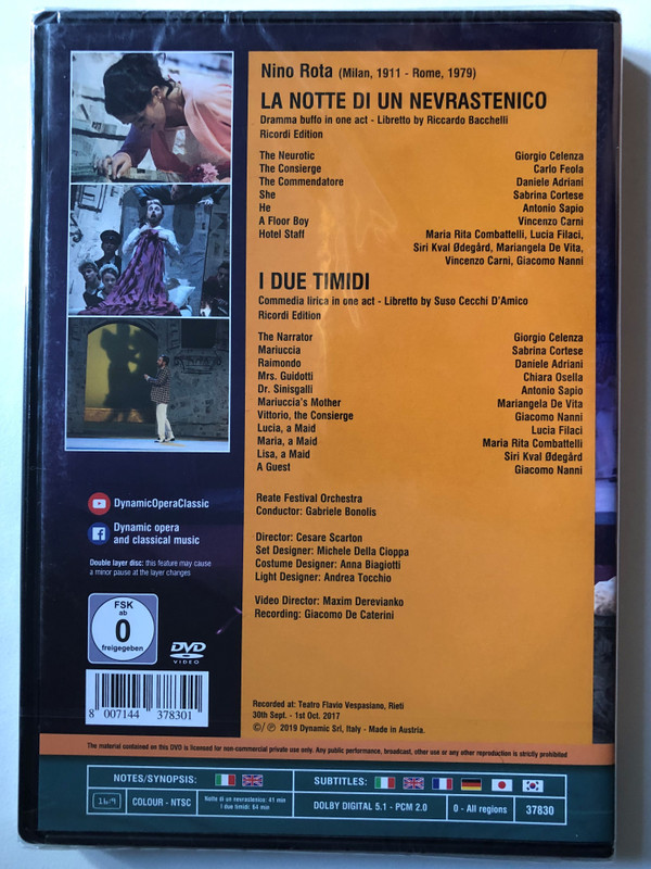 Rota: La notte di un nevrastenico; I due timidi (THE NIGHT OF A NEURASTHENIC) / Drama buffo in one act - Libretto by Riccardo Bacchelli / Reate Festival Orchestra Conductor: Gabriele Bonolis / Recorded at: Teatro Flavio Vespasiano, Rieti / DVD (8007144378301)