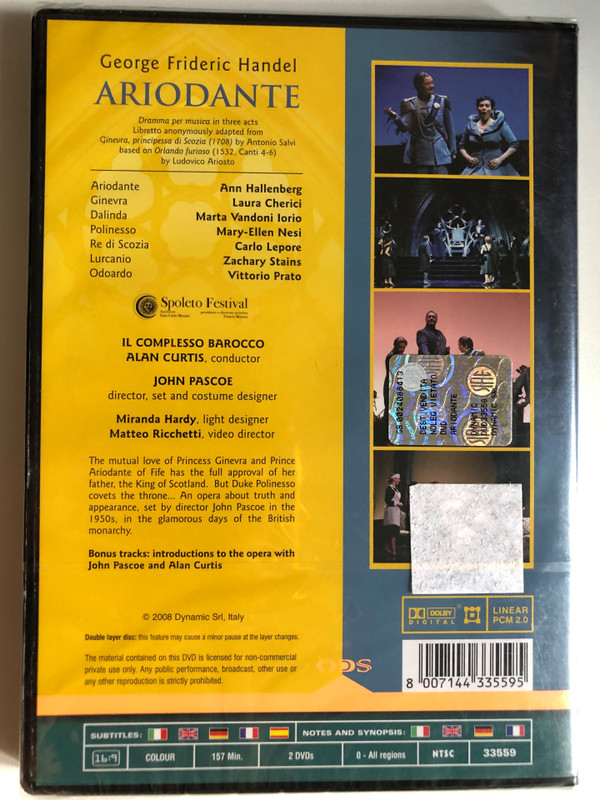 Handel: Ariodante 2 DVD Set / Dramma per musica in three acts Libretto / IL COMPLESSO BAROCCO ALAN CURTIS, conductor / Bonus tracks: introductions to the opera with John Pascoe and Alan Curtis / DVD (8007144335595)