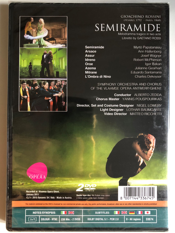 ROSSINI: Semiramide (SEMIRAMIS) 2 DVD Set / Tragic melodrama in two acts Libretto by GAETANO ROSSI / SYMPHONY ORCHESTRA AND CHORUS OF THE VLAAMSE OPERA ANTWERP/GHENT / Conductor ALBERTO ZEDDA Chorus Master YANNIS POUSPOURIKAS / DVD (8007144336745)