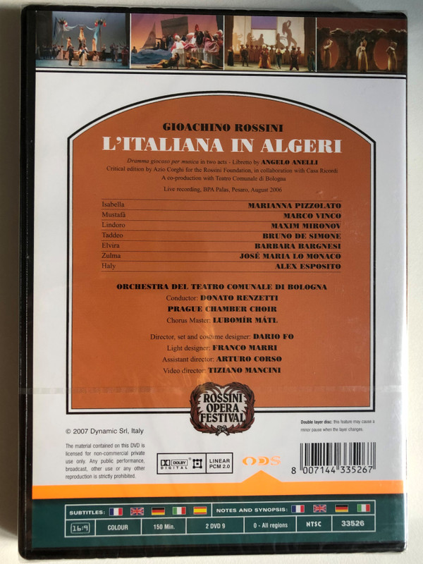 Rossini: L'Italiana in Algeri 2 DVD Set / Playful drama for music in two acts - Libretto by ANGELO ANELLI / ORCHESTRA OF THE MUNICIPAL THEATER OF BOLOGNA Conductor: Donato Renzetti / PRAGUE CHAMBER CHOIR Chorus Master: LUBOMÍR MÁTL / DVD (8007144335267)