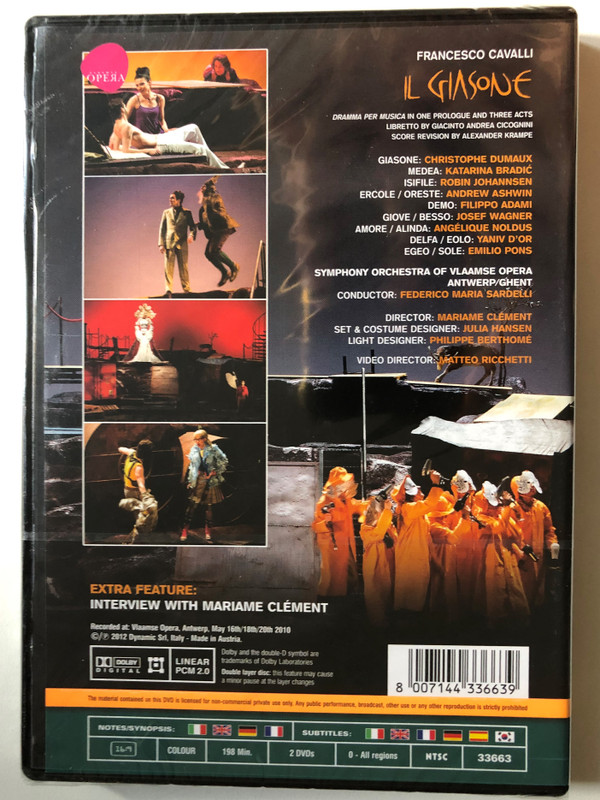 Cavalli: Il Giasone (The Jason) 2 DVD Set / DRAMA FOR MUSIC IN ONE PROLOGUE AND THREE ACTS / SYMPHONY ORCHESTRA OF FLEMISH OPERA ANTWERP-GHENT / CONDUCTOR: FEDERICO MARIA SARDELLI / EXTRA FEATURE: INTERVIEW WITH MARIAME CLÉMENT / DVD (8007144336639)