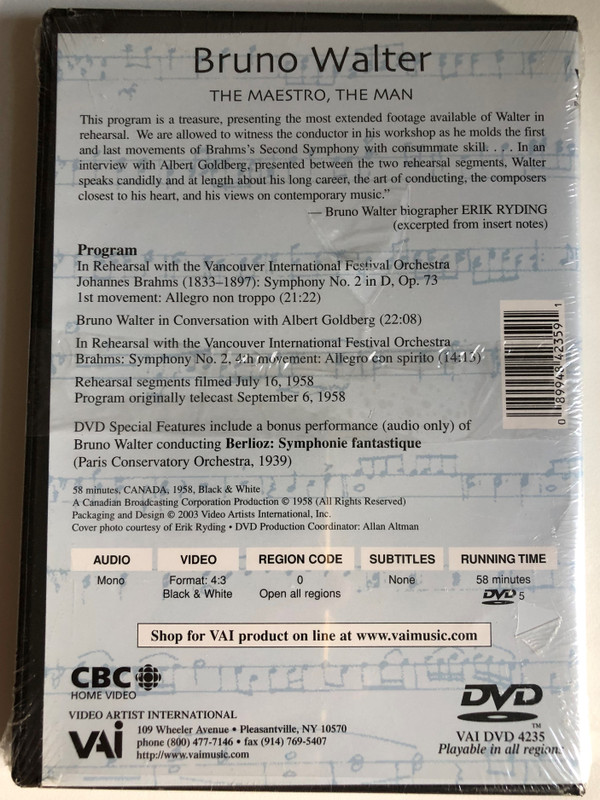 Bruno Walter - The Maestro, The Man / Brahm's Symphony No. 2 In Rehearsal with the Vancouver International Festival Orchestra / Bonus performance (audio only) of Bruno Walter conducting Berlioz: Symphonie fantastique / DVD (089948423591)