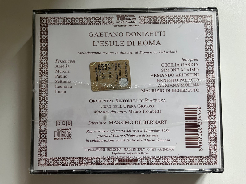 Donizetti: L'esule Di Roma - Gasdia, Alaimo, Palacio, Ariostini, Molina, Di Benedetto, Orchestra Sinfonica Di Piacenza, Coro Dell Opera Giocosa, Massimo De Bernart / Bongiovanni 700 2x Audio CD 1987 / GB 2045/46-2