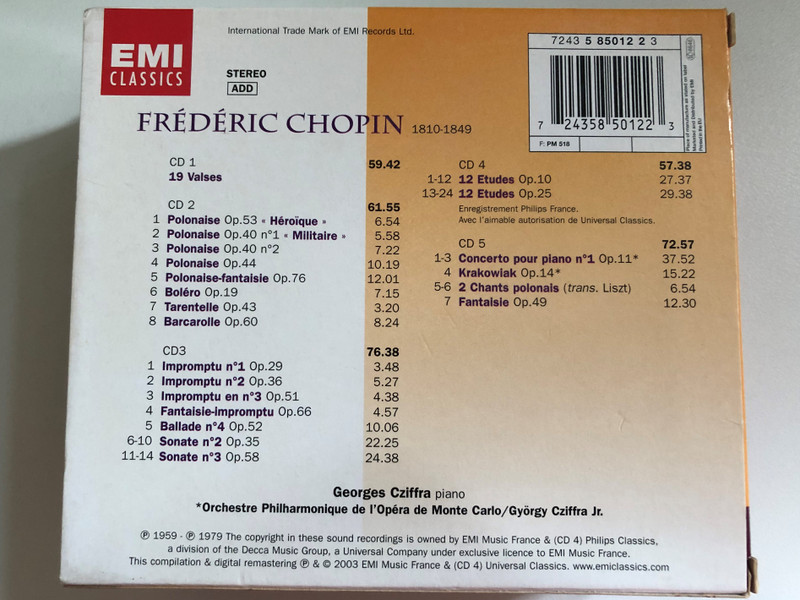 Chopin: Oeuvres Pour Piano - Georges Cziffra / EMI Classics 5x Audio CD 2003 Stereo / 724358501223