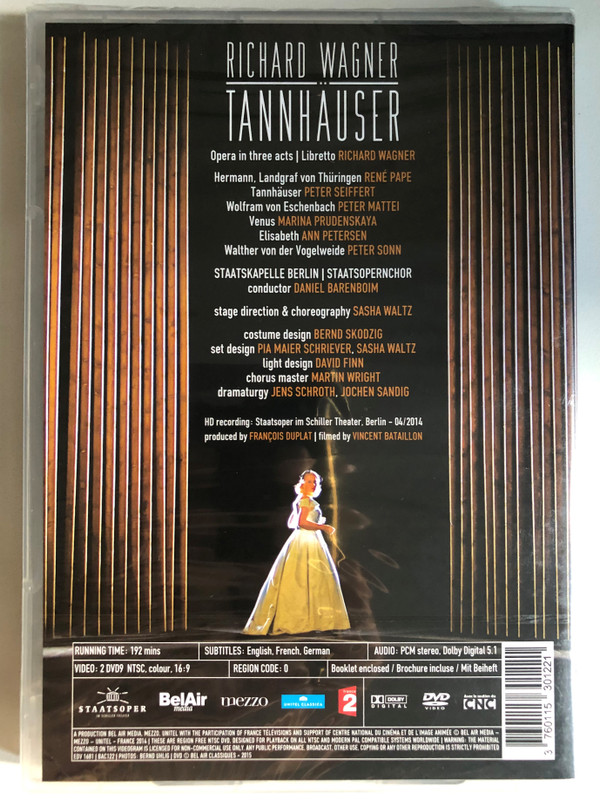 Wagner: Tannhäuser 2 DVD Set / Opera in three acts | Libretto RICHARD WAGNER / STATE CHAPEL BERLIN | STATE OPERA CHOIR / conductor DANIEL BARENBOIM / HD recording: Staatsoper im Schiller Theater, Berlin / DVD (3760115301221)
