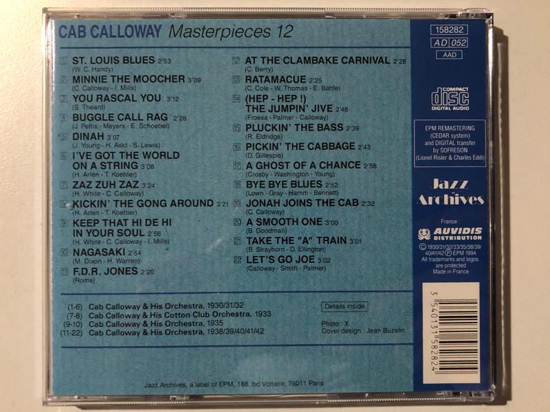 Cab Calloway – Masterpieces 12 / Jazz Archives / Original Historic Recordings / Jazz Archives Audio CD 1994 / 158282