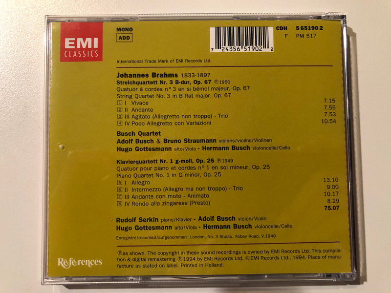 Brahms - String Quartet In B Flat Major, Op. 67; Piano Quartet In G Minor, Op. 25 - Rudolf Serkin, Busch Quartet / Références / EMI Classics Audio CD 1994 Mono / CDH 5 65190 2