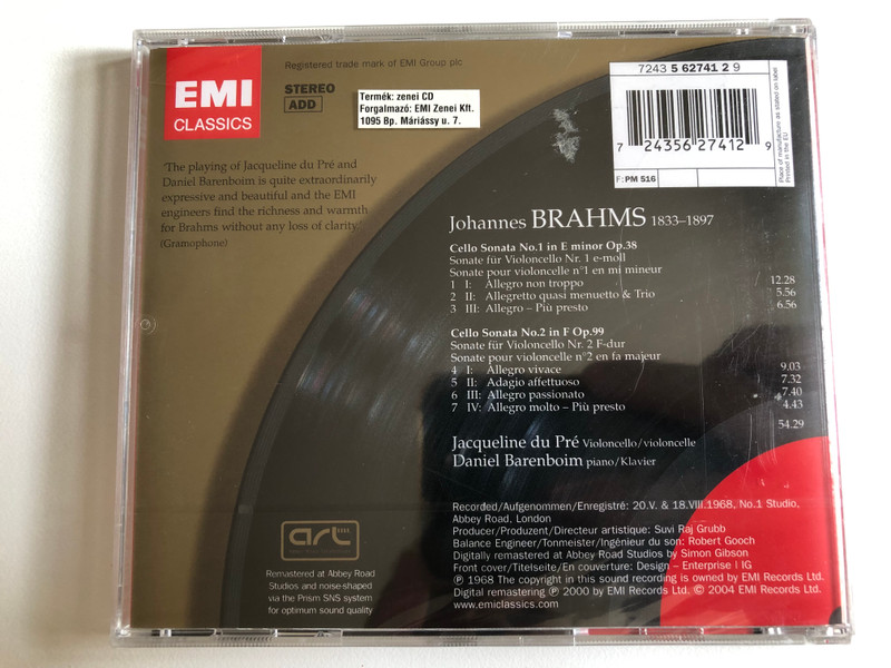 Brahms: Cello Sonatas - Jacqueline du Pré, Daniel Barenboim / Great Recordings Of The Century / EMI Classics Audio CD 2004 Stereo / 724356274129