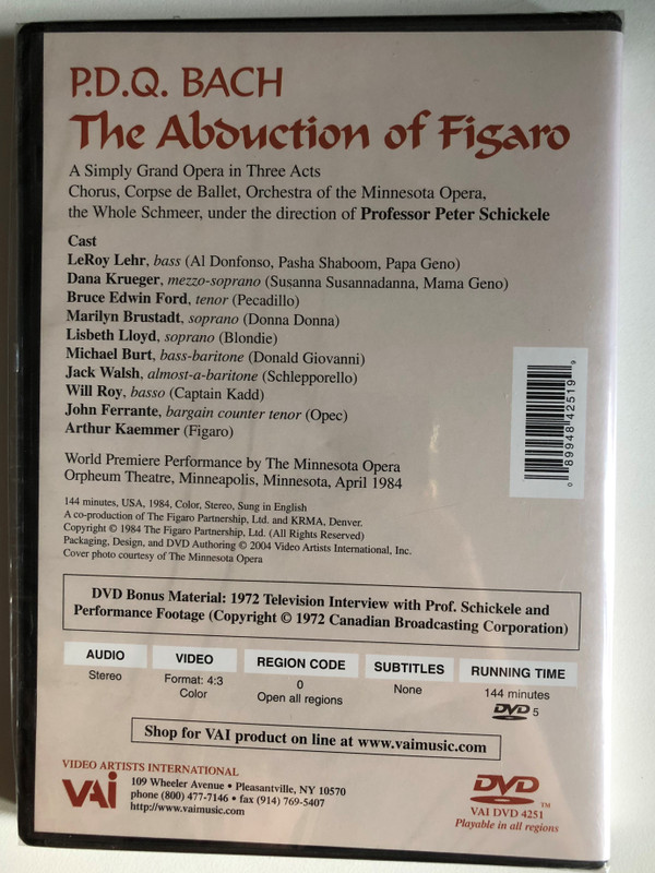 Bach: Abduction of Figaro / Simply Grand Opera in Three Acts / Chorus, Corpse de Ballet, Orchestra of the Minnesota Opera / Orpheum Theatre, Minneapolis, Minnesota / World Premiere Performance by The Minnesota Opera / DVD (089948425199)