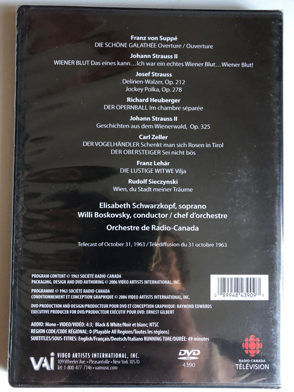 Elisabeth Schwarzkopf - A Viennese Evening with Willi Boskovsky / Elisabeth Schwarzkopf, soprano Willi Boskovsky, conductor-chef d'orchestre / Radio-Canada Orchestra / Telecast of October 31, 1963 / VIDEO ARTISTS INTERNATIONAL, INC. / DVD (089948439097)