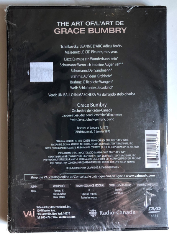 The Art of Grace Bumbry / Radio-Canada Orchestra / Jacques Beaudry, conductor with John Newmark, piano / Telecast of January 7, 1973 / COURTESY OF THE METROPOLITAN OPERA ARCHIVES / DVD (089948433491)