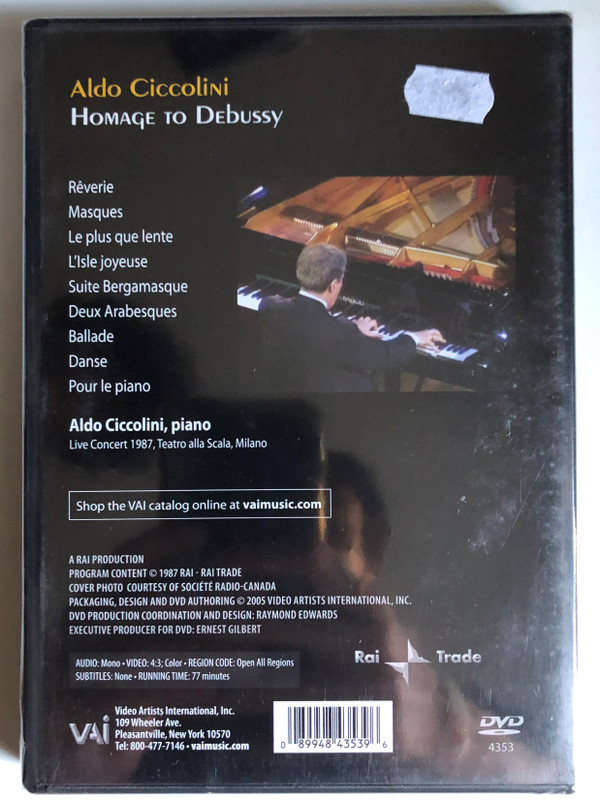 Aldo Ciccolini: Homage to Debussy / Aldo Ciccolini, piano / Live Concert 1987, Teatro alla Scala, Milan / PACKAGING, DESIGN AND DVD AUTHORING © 2005 VIDEO ARTISTS INTERNATIONAL, INC. / DVD (089948435396)