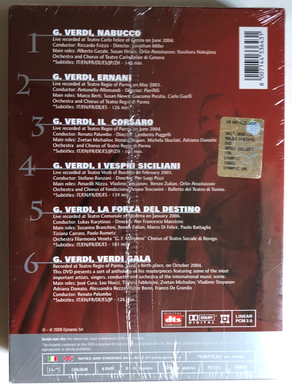 Verdi Collection 6 DVD Set / This DVD presents a sort of anthology of his masterpieces featuring some of the most important artists, singers, conductor and orchestra of the international music scene / DVD (8007144336431)