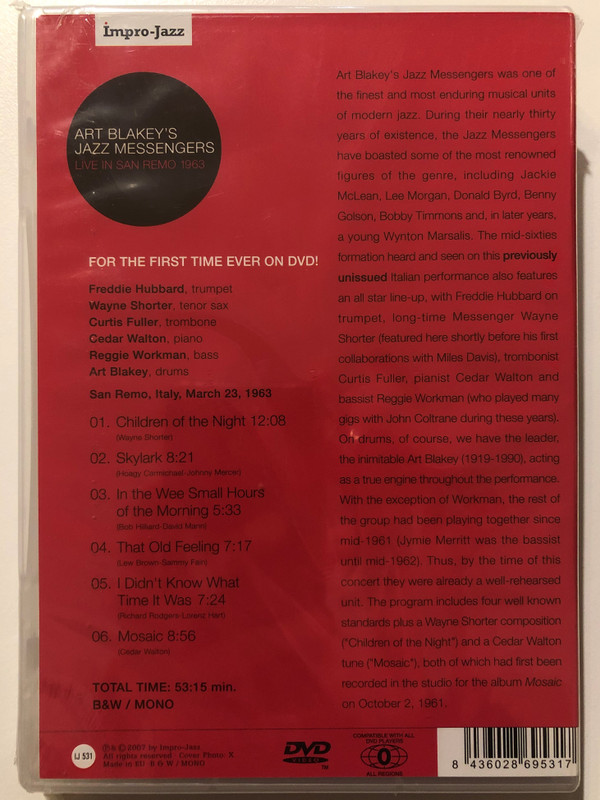 Art Blakey & The Jazz Messengers: Live In San Remo 1963 / İmpro-Jazz / FOR THE FIRST TIME EVER ON DVD / Including Jackie McLean, Lee Morgan, Donald Byrd, Benny Golson, Bobby Timmons and others / DVD (8436028695317)