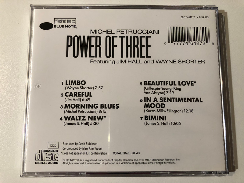 Michel Petrucciani: Power Of Three - Featuring Jim Hall And Wayne Shorter / Blue Note Audio CD 1987 / CDP 7 46427 2