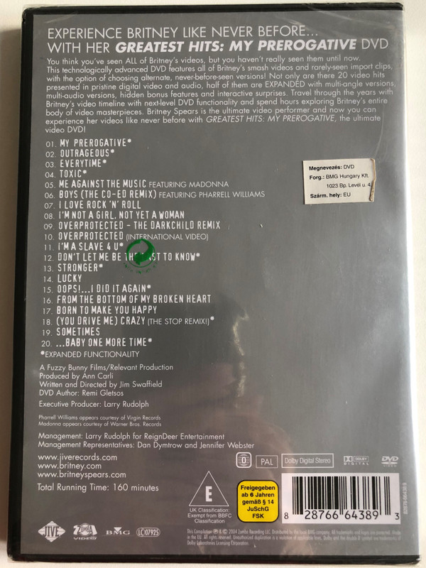 Britney Spears: Greatest Hits - My Prerogative / DVD features all of Britney's smash videos and rarely-seen import clips / Written and Directed by Jim Swaffield / Executive Producer: Larry Rudolph / DVD (82876664389)