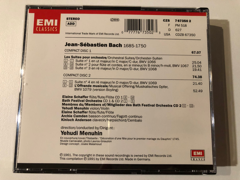 Bach: Suites Pour Orchestre (Orchestral Suites), L'Offrande Musicale (Musical Offering) - Bath Festival Orchestra, Yehudi Menuhin / EMI Classics 2x Audio CD, Stereo 1991 / CZS 7 67350 2