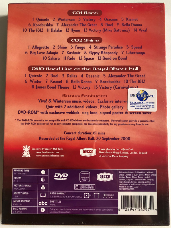 Definitive Collection 2 CD+DVD Set/ Bond Live at the Royal Albert Hall / Bonus Features Viva! & Wintersun music videos. Exclusive interview / Recorded at the Royal Albert Hall, 20 September 2000 / Quiz with 2 additional videos / Cd+DVD (028947562979)