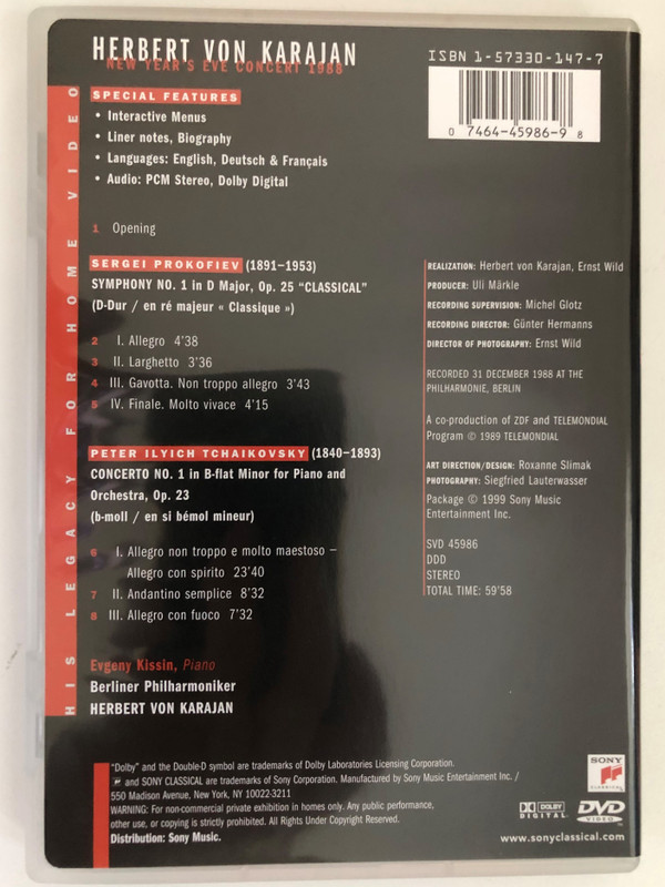 Herbert Von Karajan - New Year's Concert 1988 - Prokofiev Symphony No. 1 & Tchaikovsky Piano Concerto No. 1 / SPECIAL FEATURES: Interactive Menus / Liner notes, Biography / RECORDED 31 DECEMBER 1988 AT THE PHILHARMONIE, BERLIN / DVD (074644598698)