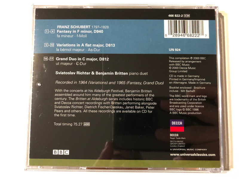 Sviatoslav Richter, Benjamin Britten: Britten at Aldeburgh - Schubert: Piano Duets; Fantasy, D 940; Variations, D 813; Grand Duo, D 812 / Decca Audio CD 2000 / 466 822-2