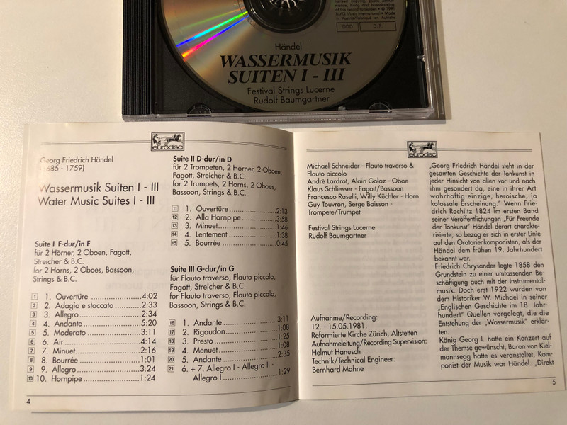 Wassermusik Suiten I-III - Georg Friedrich Handel, Festival Strings Lucerne, Rudolf Baumgartner / eurodisc Audio CD 1991 / GD 69320