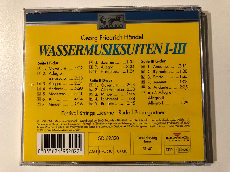 Wassermusik Suiten I-III - Georg Friedrich Handel, Festival Strings Lucerne, Rudolf Baumgartner / eurodisc Audio CD 1991 / GD 69320