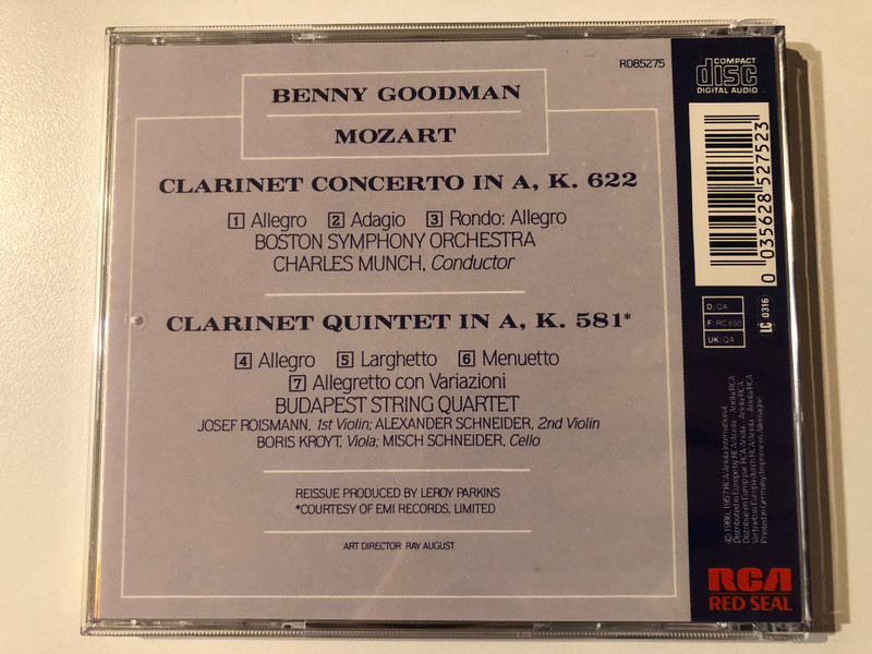 Benny Goodman - Mozart: Clarinet Concerto And Quintet - Charles Munch, Boston Symphony Orchestra, Budapest String Quartet / RCA Red Seal Audio CD 1996 / RD85275 